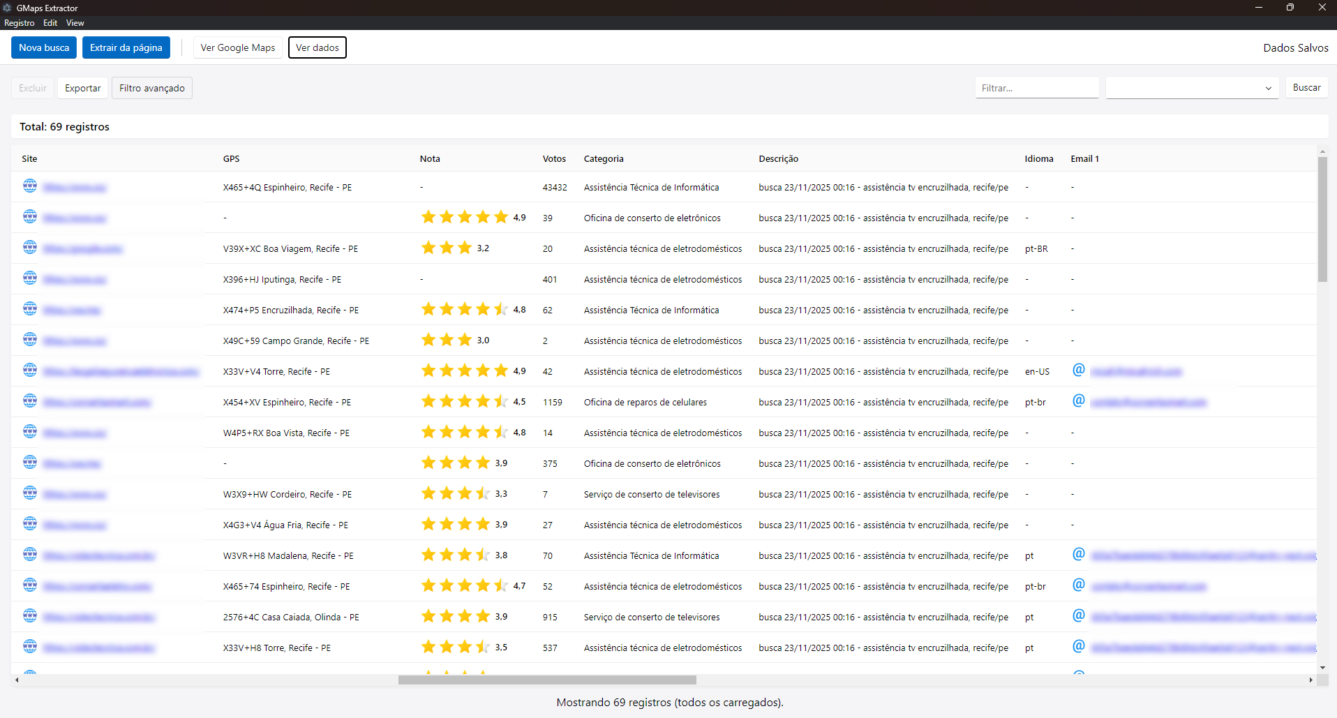 Tela principal do Extrator Mapa