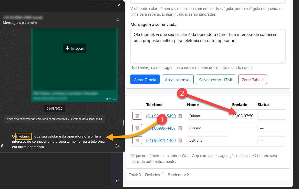 Envio e registro de mensagem